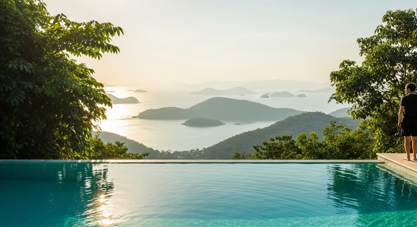 Infinity pool edge merging visually with the Bay of Paraty far below